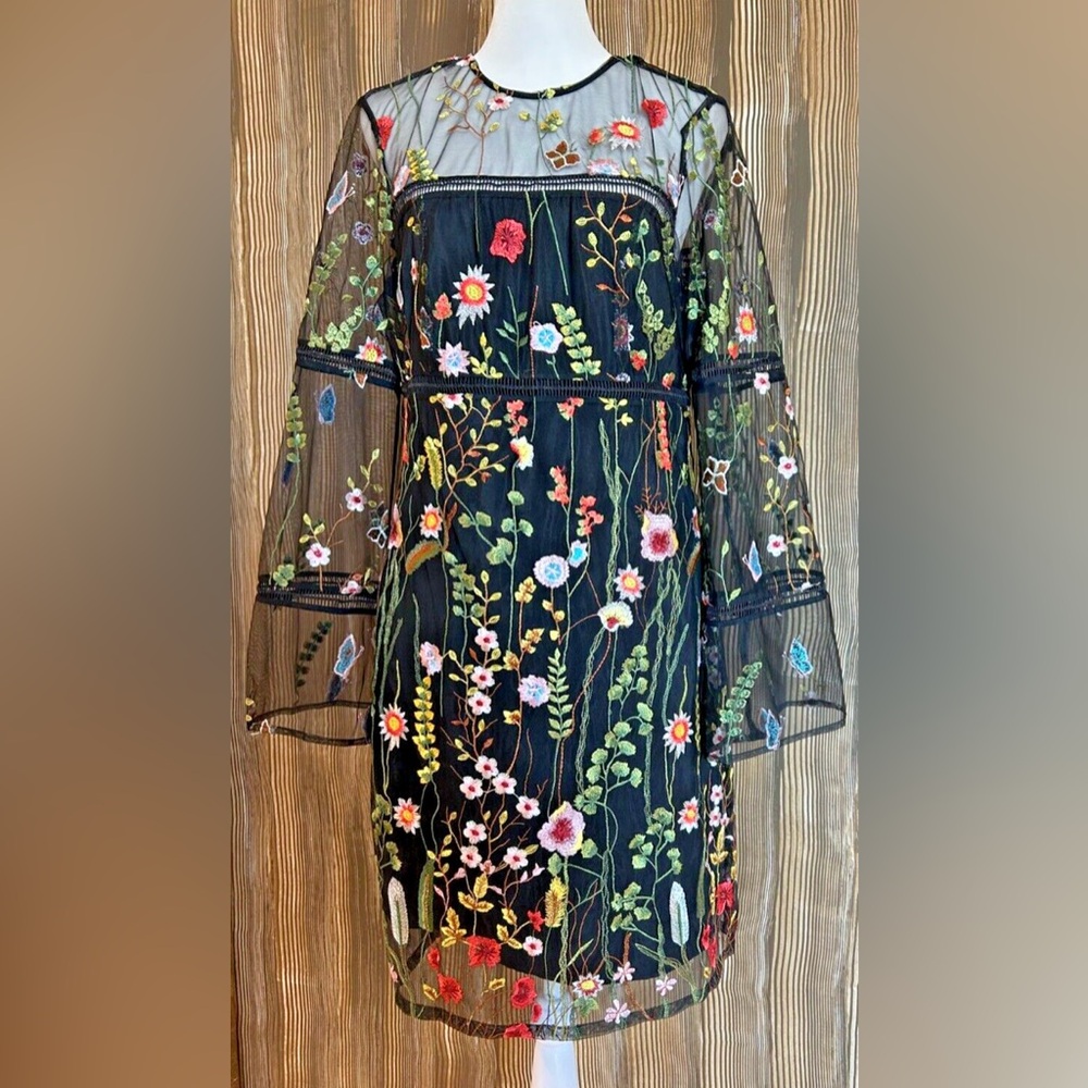 Floral Embroidered Sheer Sleeve Dress